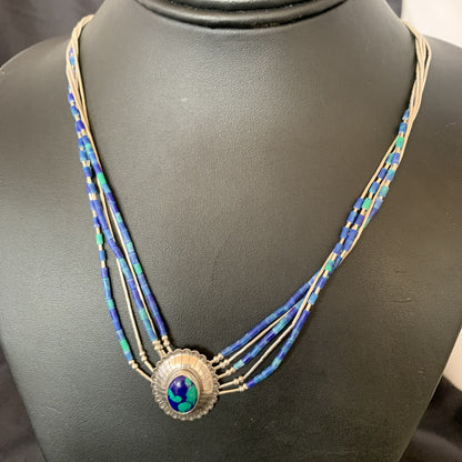 Blue Azurite Pendant Stabilized Heishi 5 Stands Sterling Silver Necklace 10353