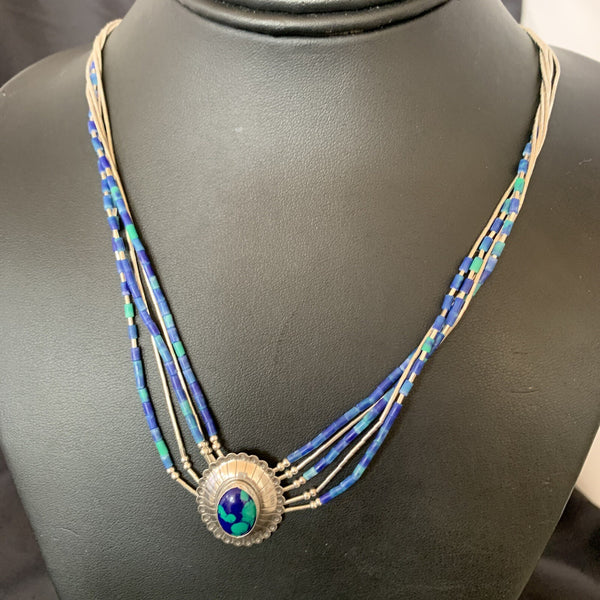 Blue Azurite Pendant Stabilized Heishi 5 Strands Necklace | Sterling Silver | Authentic Native American Handmade | 10353