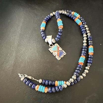 Multicolor Turquoise Coral Navajo Sterling Silver Inlay Pendant Necklace 19651