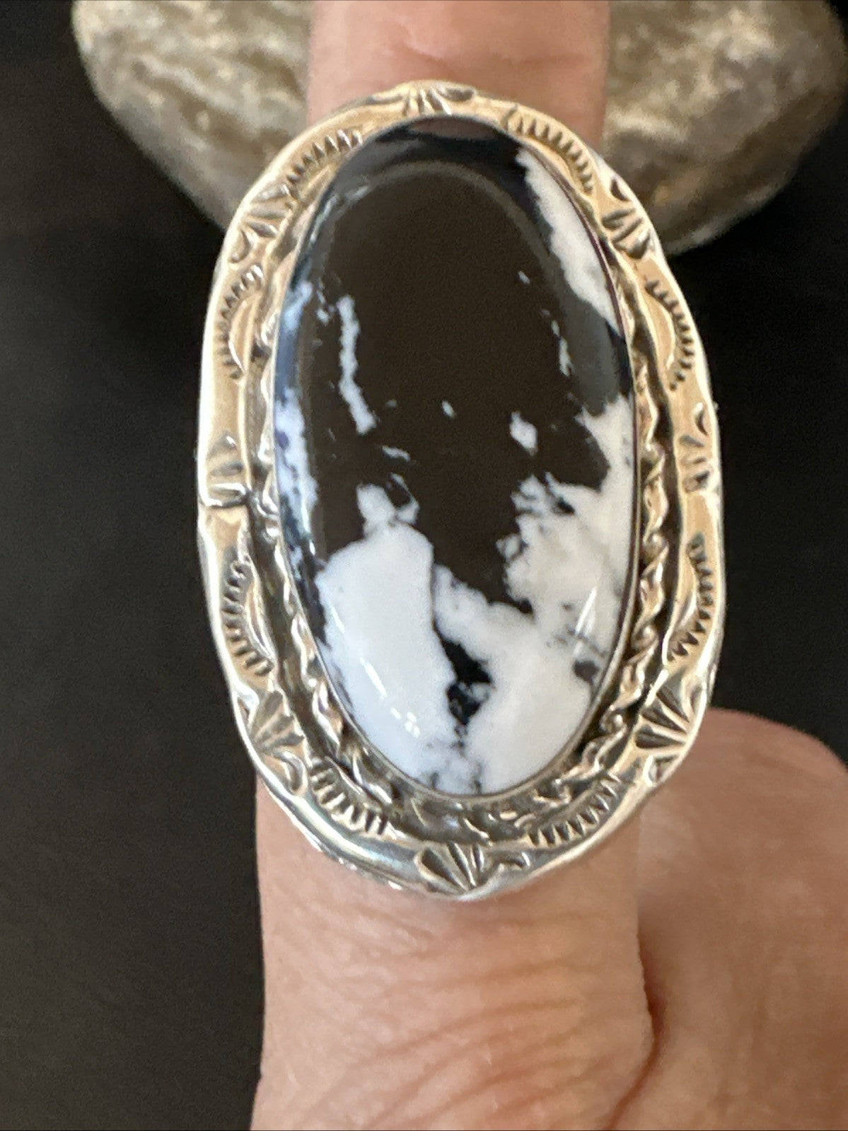 Black White Buffalo Turquoise Navajo Sterling Silver Ring Size 9.5 19809