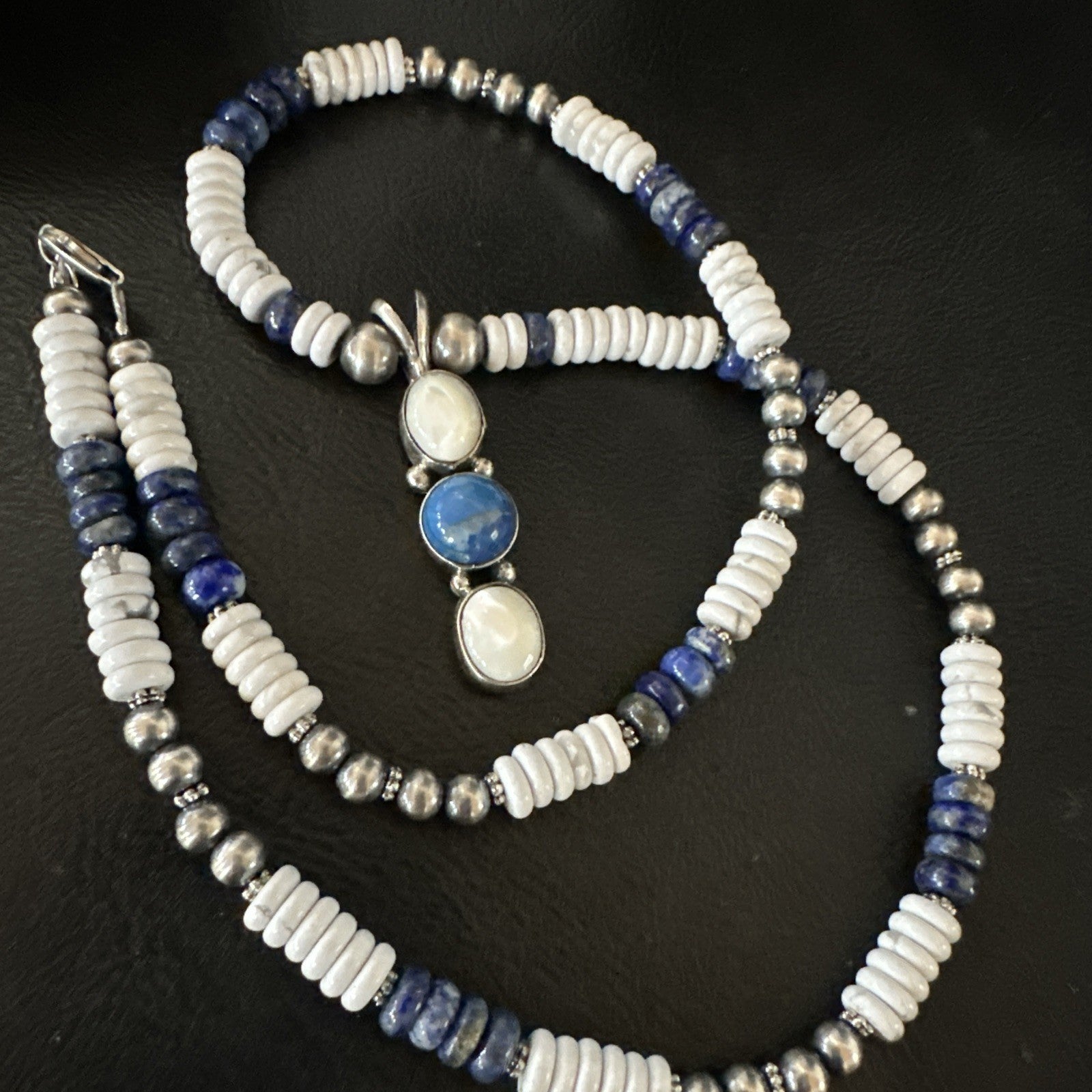 Blue Lapis White MOP Howlite Pendant Navajo Sterling Silver Necklace 19656