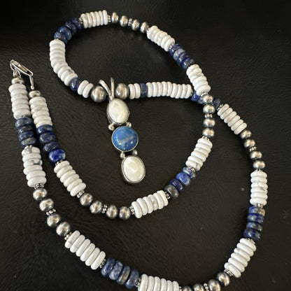 Blue Lapis White MOP Howlite Pendant Navajo Sterling Silver Necklace 19656
