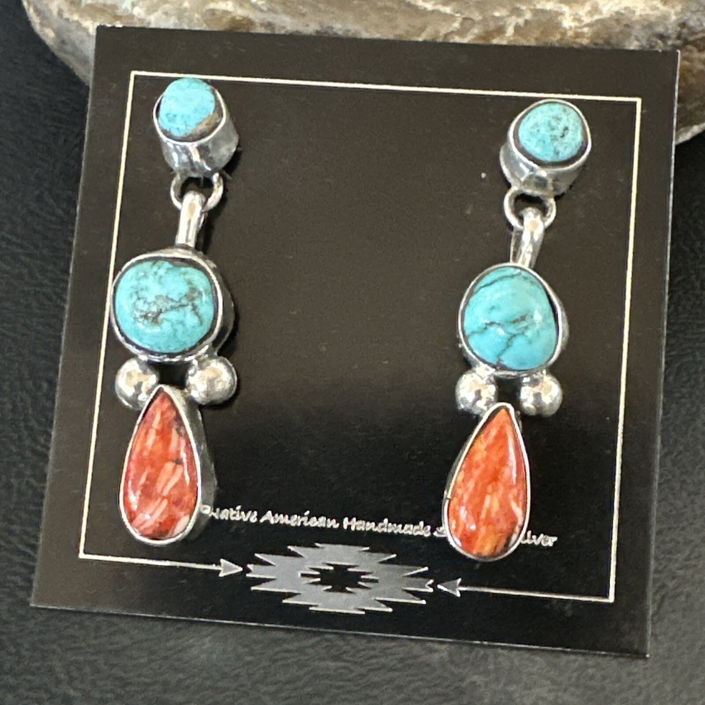Blue Turquoise Red Spiny MultiColor Navajo Sterling Silver Inlay Earrings 18354