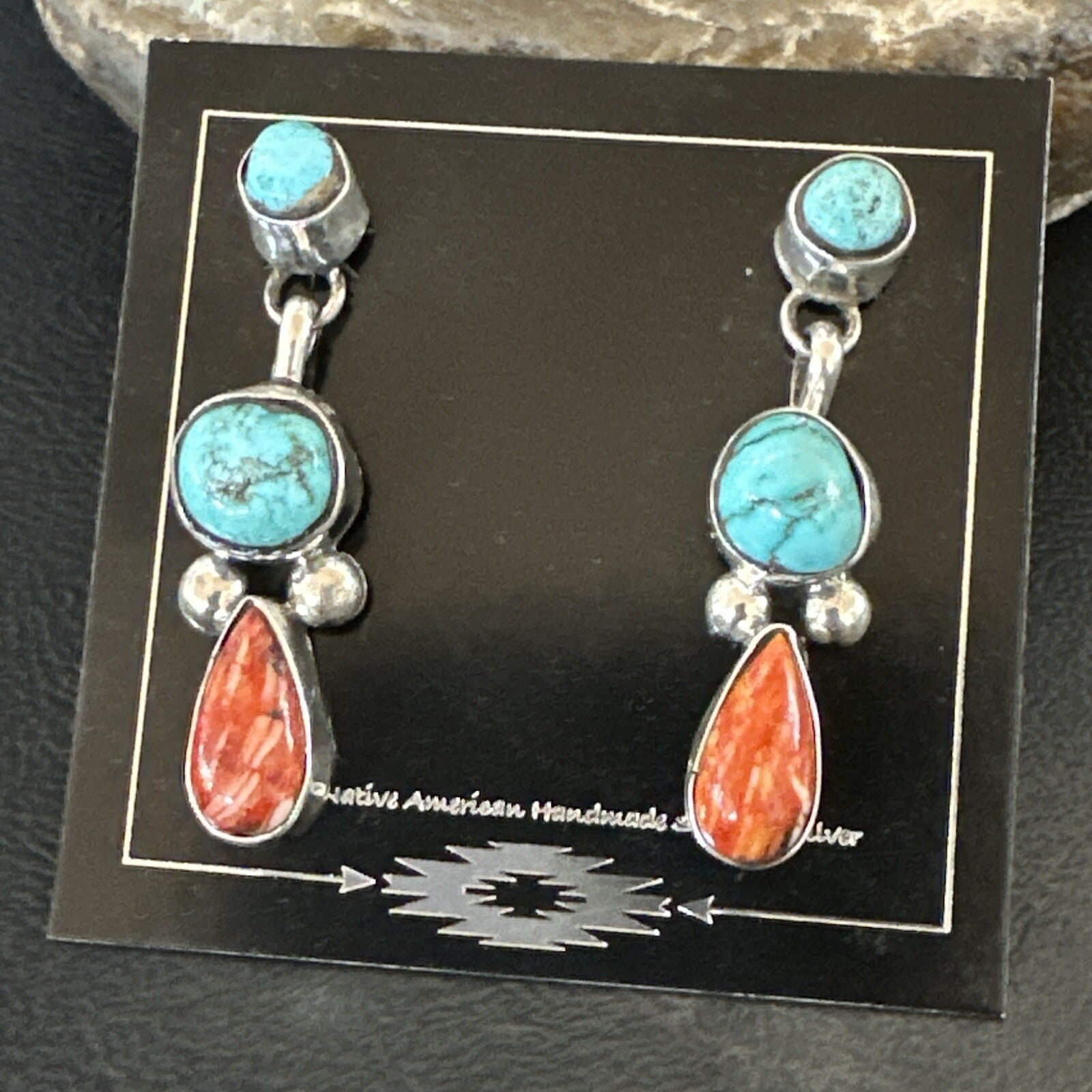 Blue Turquoise Red Spiny MultiColor Navajo Sterling Silver Inlay Earrings 18354