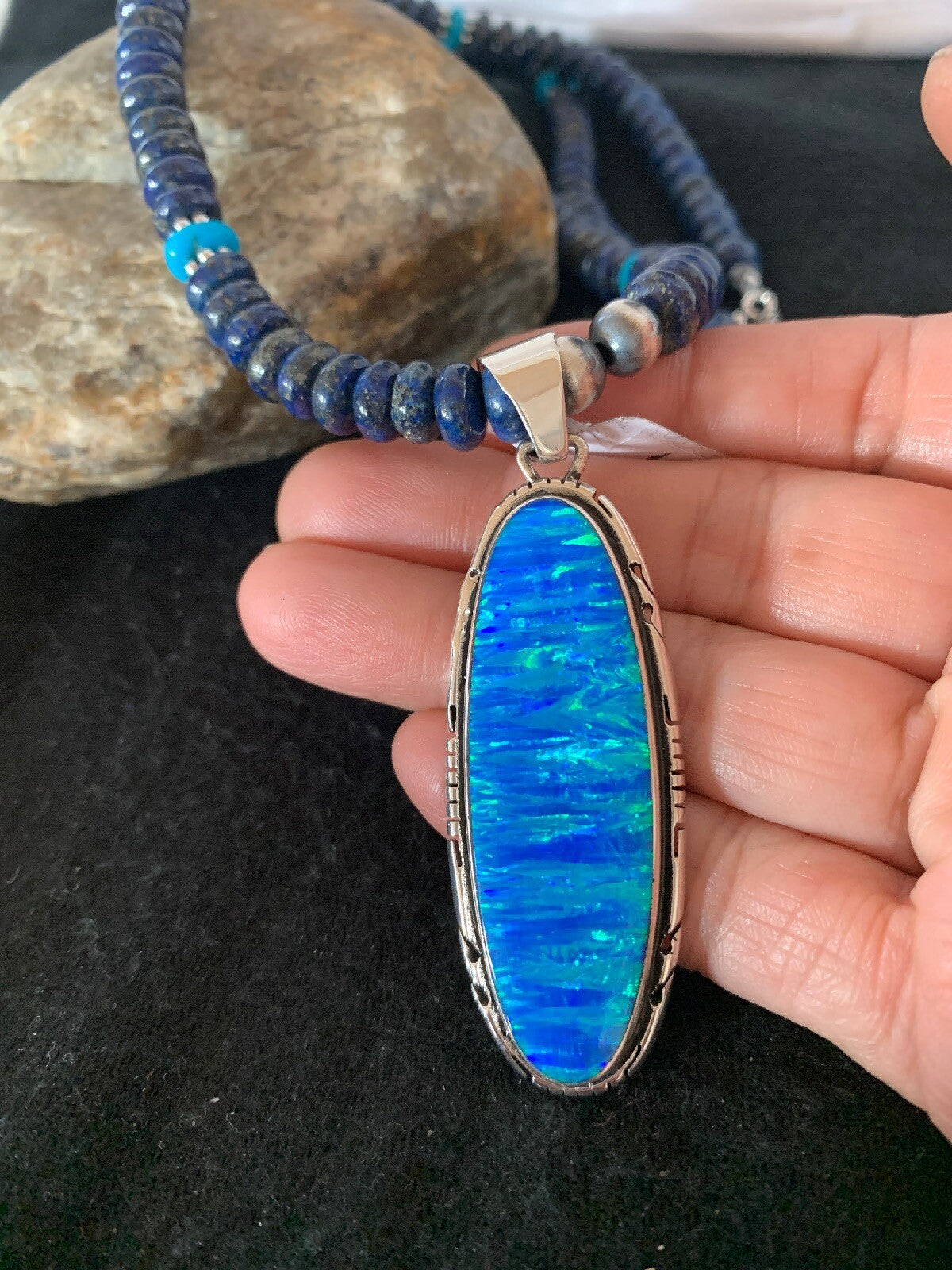 Opal Pendant Blue Lapis Turquoise Navajo Pearls Sterling Necklace 04146