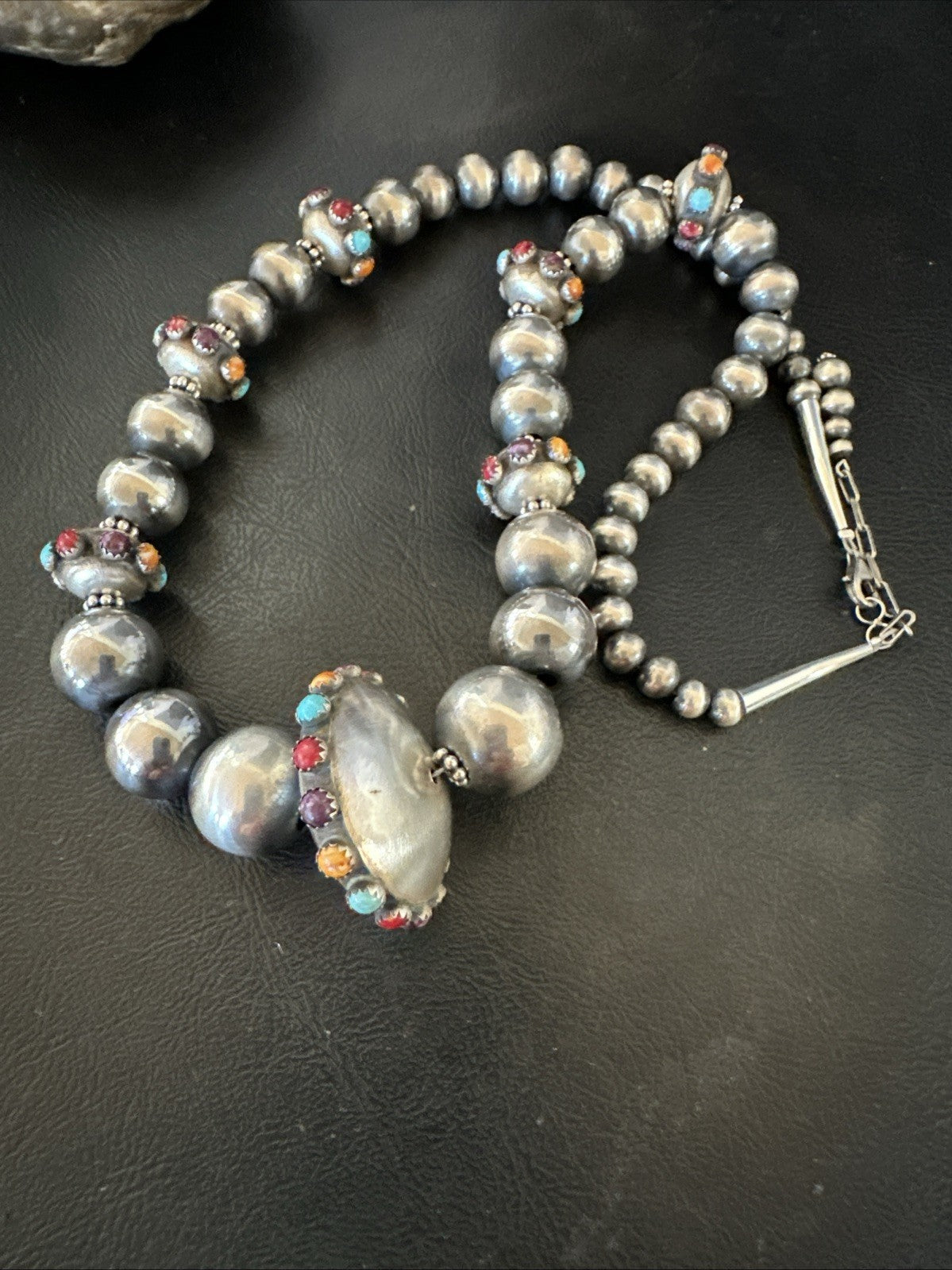 Multicolor Spiny Navajo Pearls Turquoise Sterling Silver Necklace 23” 19448