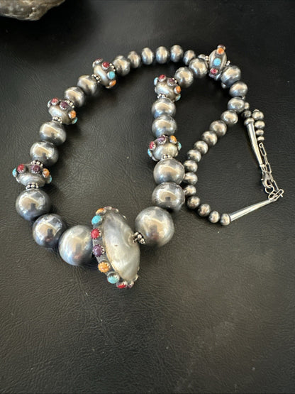 Multicolor Spiny Navajo Pearls Turquoise Sterling Silver Necklace 23” 19448