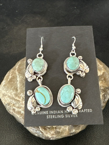 Native Navajo Blue Dry Creek Turquoise Sterling Silver Dangle Earrings 2” 17920