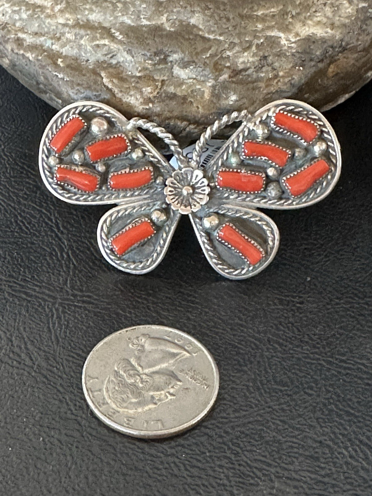 Red Coral Butterfly Sterling Silver Cluster Navajo Ring Size 8 00987