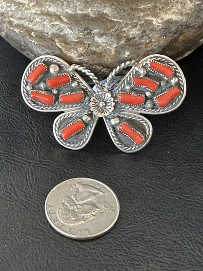 Red Coral Butterfly Sterling Silver Cluster Navajo Ring Size 8 00987
