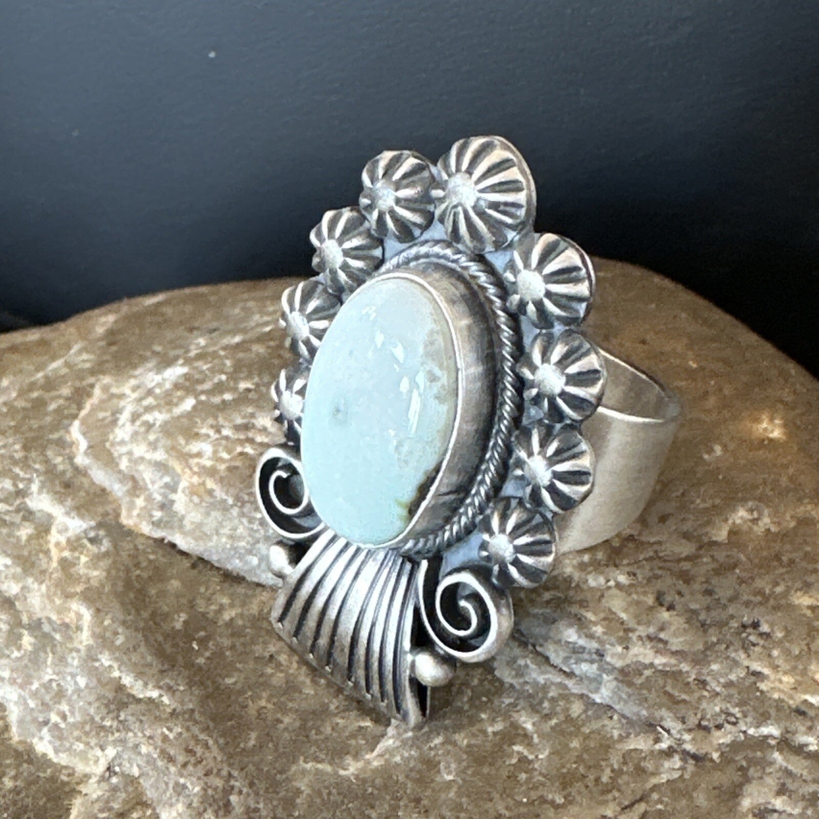 Women Blue Dry Creek Turquoise Navajo Sterling Silver Ring Sz 8.5 18615