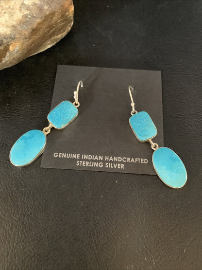 Blue Kingman Turquoise Navajo Sterling Silver Dangle Earrings 14079