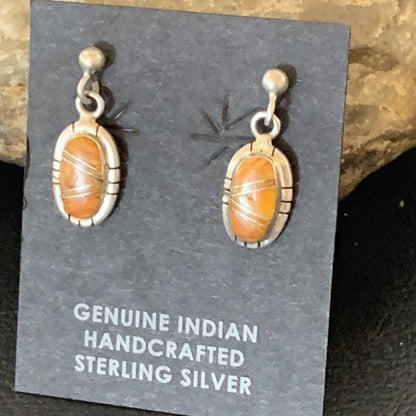 Orange Spiny Oyster Navajo Sterling Silver Dangle Inlay Earrings 12680
