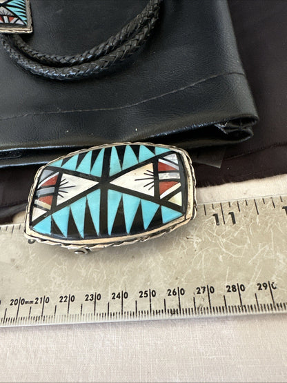 Zuni  Mens BoloTie Belt Buckle Ranger Set Turquoise Coral Sterling Silver 19155