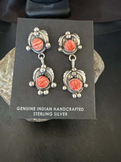 Red Spiny Oyster Pearl Navajo Sterling Silver Dangle Earrings 2062