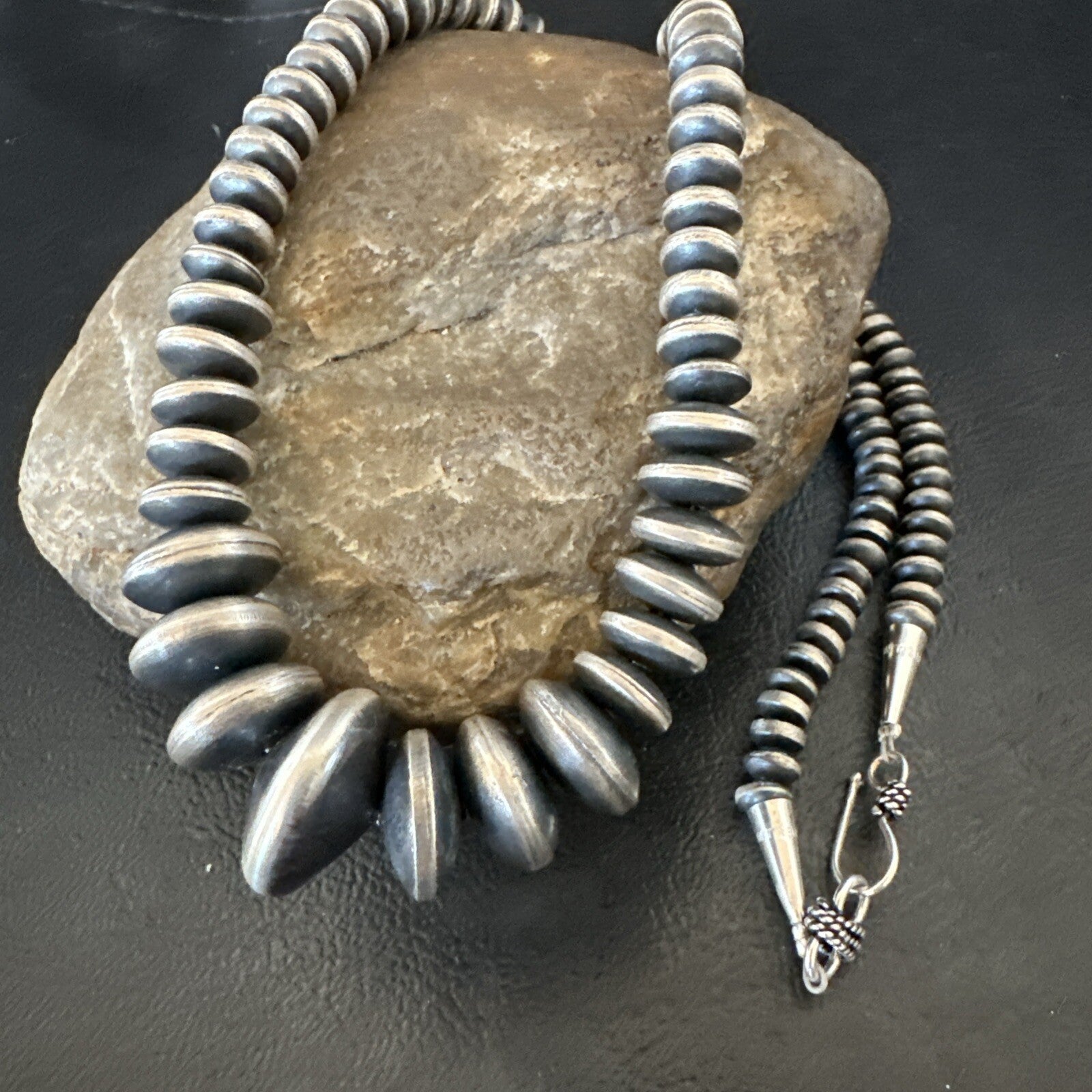 Graduated Rondelle Flat Sterling Silver Beads Necklace 21” 18830
