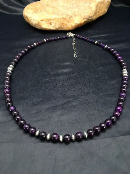 Purple Stone Round Bead Navajo Indian Sterling Silver Necklace 08110