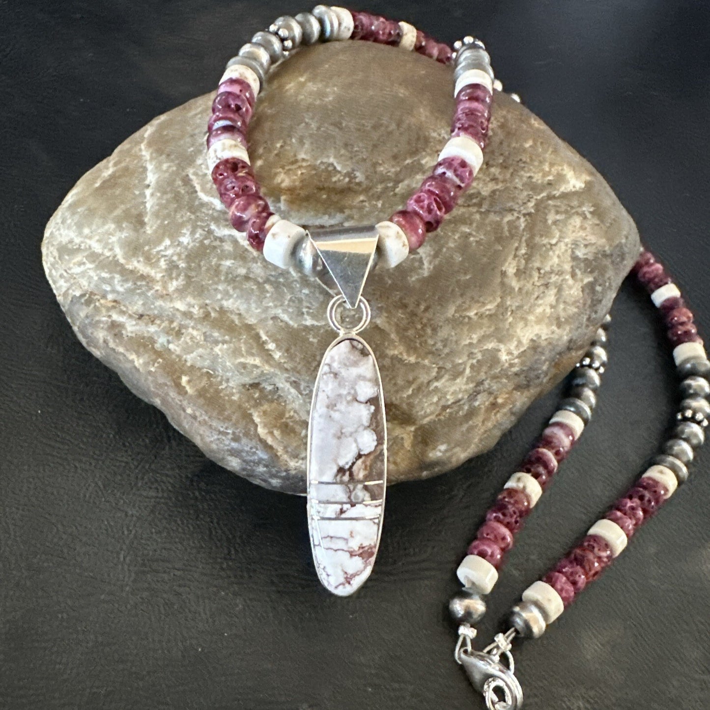 Purple Spiny Oyster Wild Horse Pendant Navajo Sterling Silver Necklace 17795
