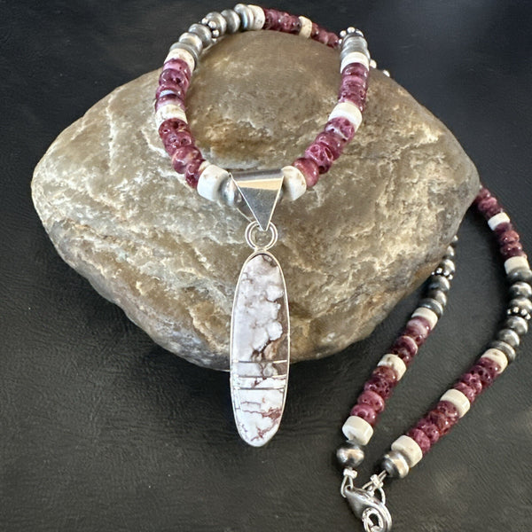 Purple Spiny Oyster Wild Horse Pendant Navajo Necklace | Sterling Silver | Authentic Native American Handmade | 17795
