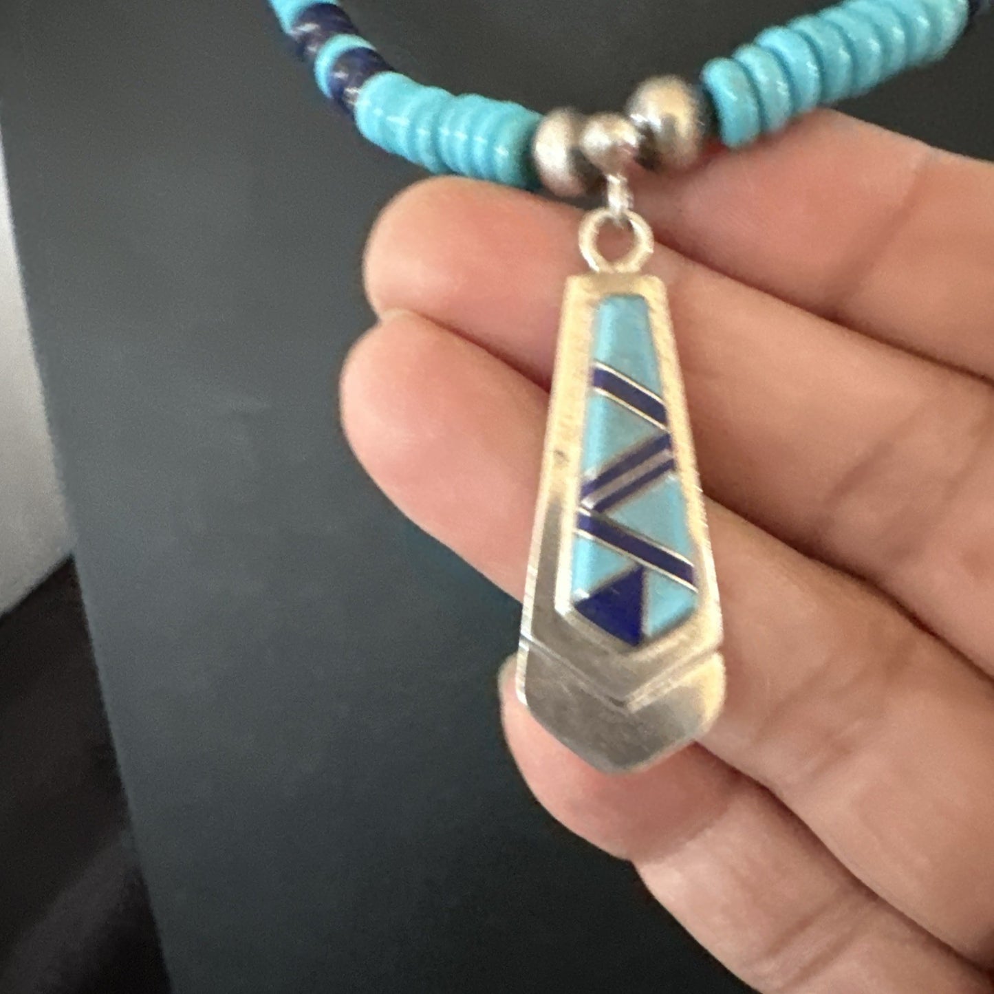 Blue Lapis Turquoise Inlay Pendant Navajo Sterling Silver Necklace 20" 19657
