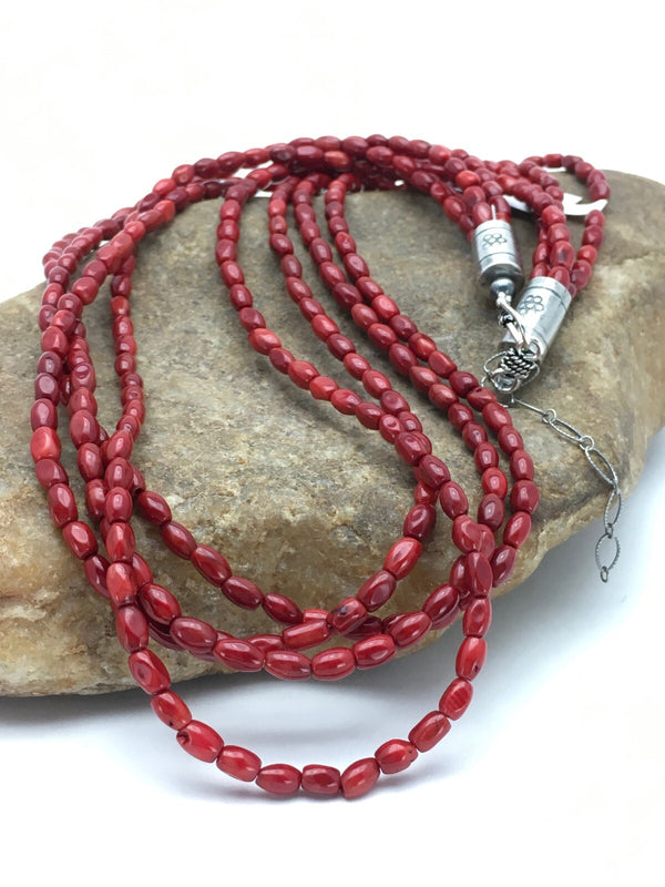 Red Bamboo Coral 4 Strand Navajo Necklace 21" | Sterling Silver | Authentic Native American Handmade | 02875