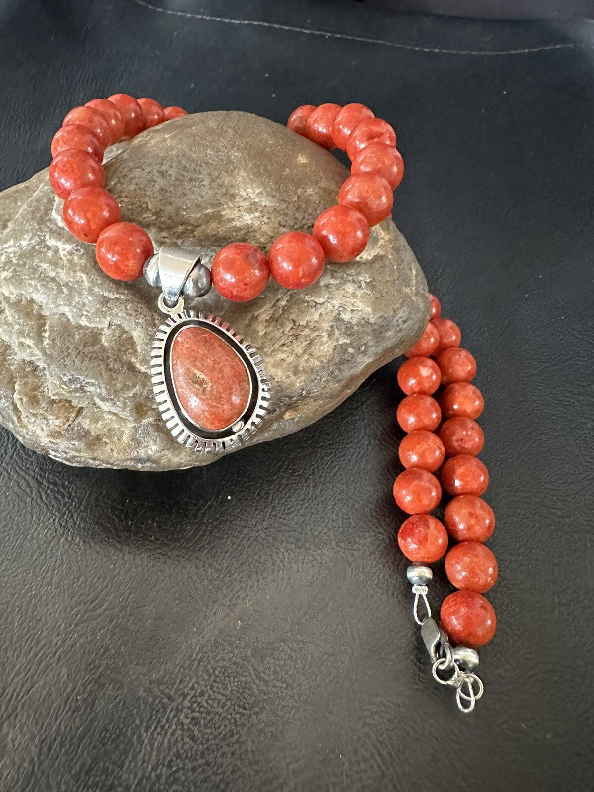 Navajo Apple Sponge Coral Sterling Silver Necklace Pendant 20” 18329