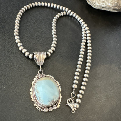Mens Blue Dry Creek Turquoise Pendant Navajo Pearls Sterling Necklace 18681