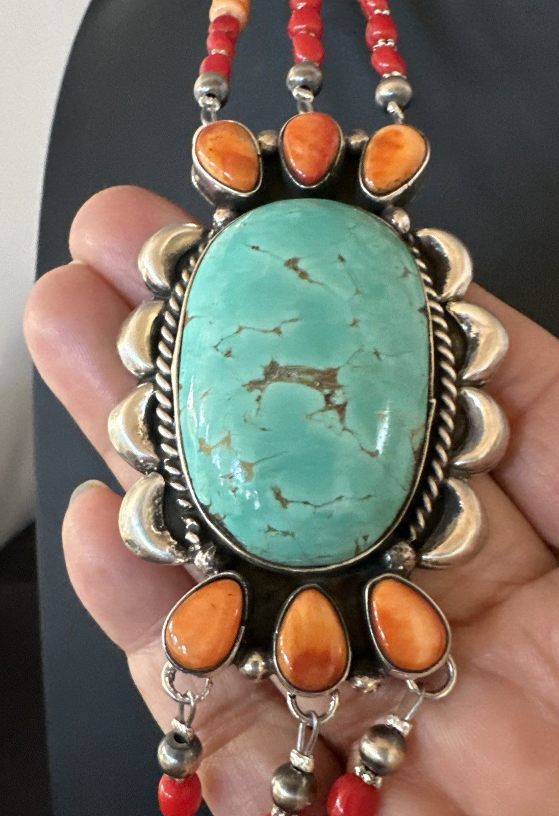 XL Statement Green Turquoise Spiny Navajo 3S Sterling Silver Necklace 34” 19676
