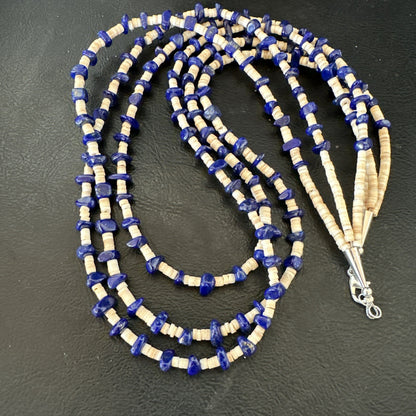 Blue Lapis Lazuli Tan Shell 3 Strand Navajo Sterling Silver Necklace 21” 19703