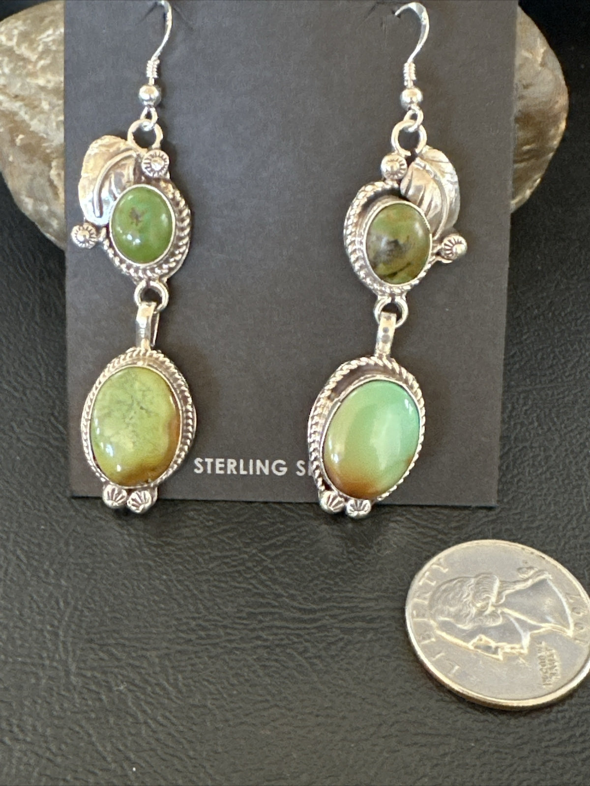 Native Navajo Green Turquoise Sterling Silver Dangle Earrings 2” 17700