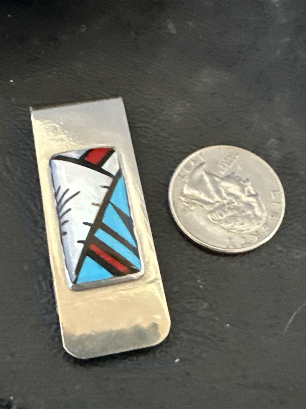 A Zuni Mens Turquoise Spiny Inlay Stainless Sterling Silver Money Clip 17833