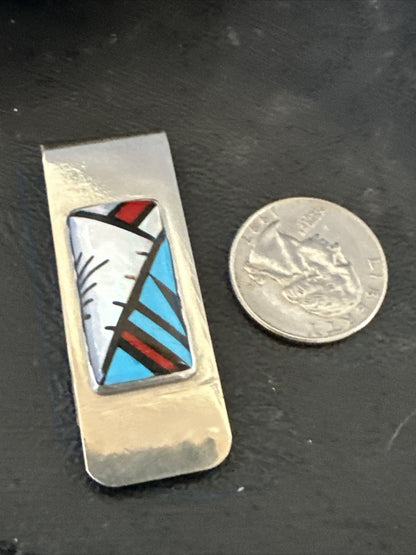 A Zuni Mens Turquoise Spiny Inlay Stainless Sterling Silver Money Clip 17833