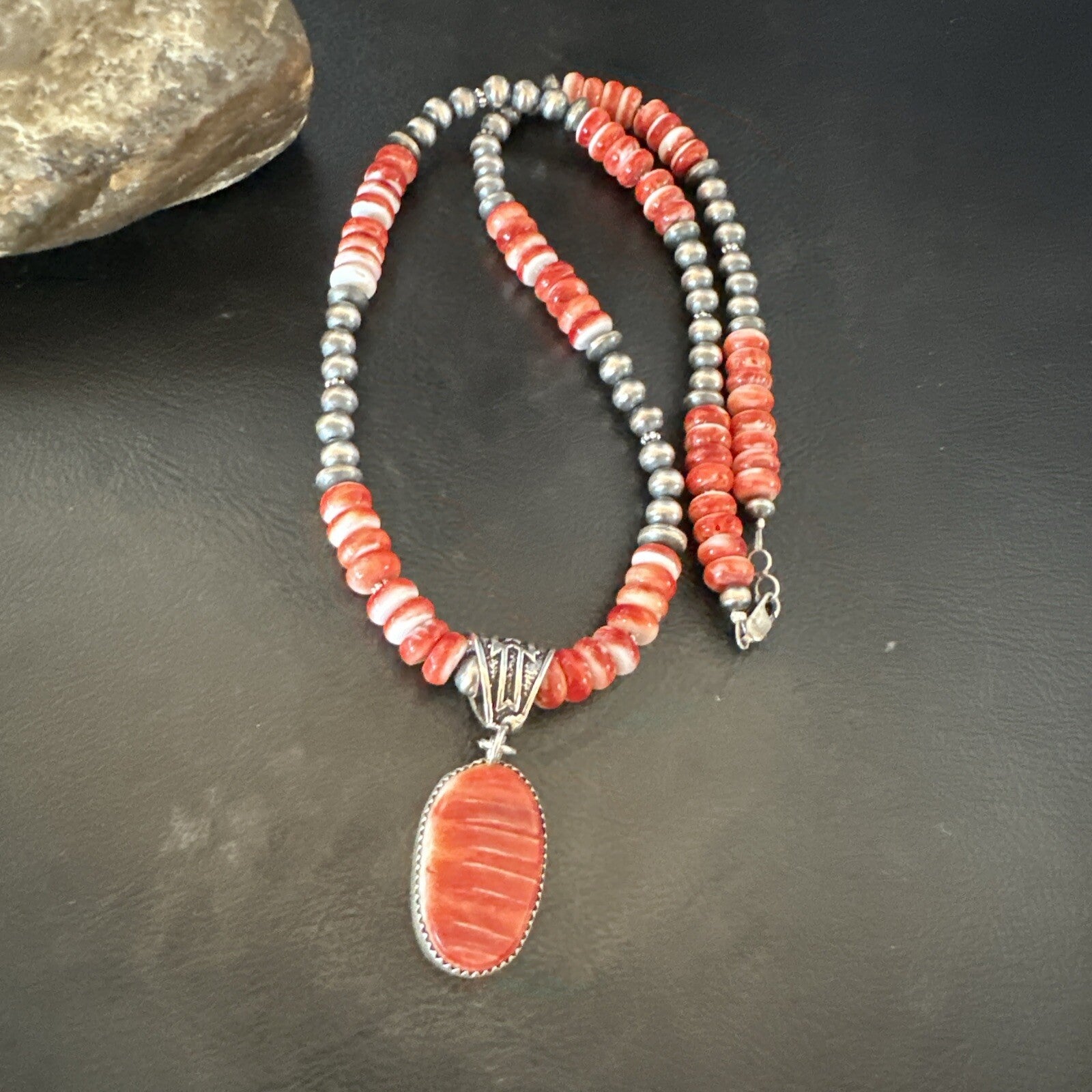 Navajo Pearls Sterling Silver Necklace Red Spiny Oyster Pendant 22" 18265