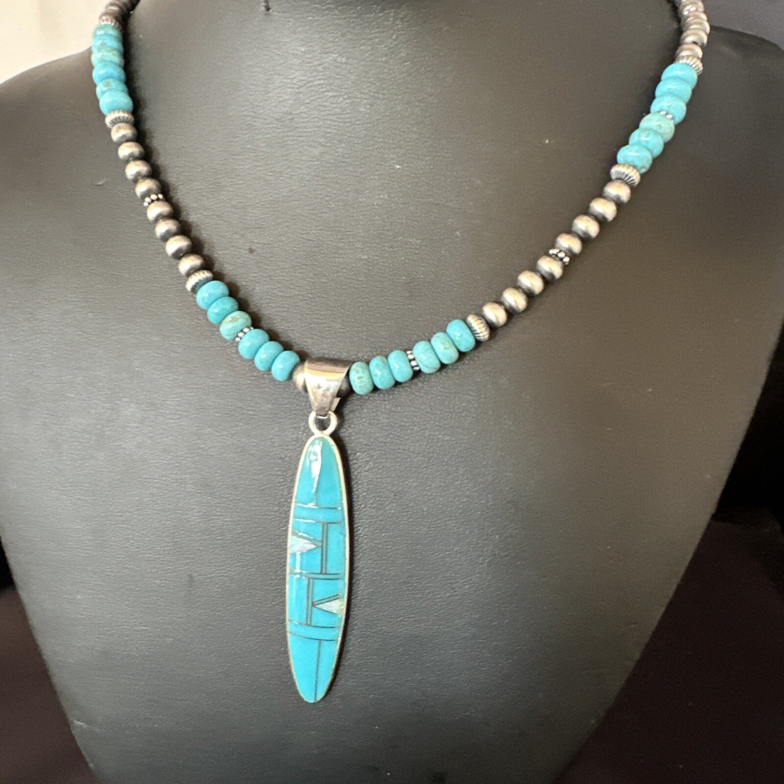 Blue Turquoise Pendant Navajo Pearls Sterling Silver Necklace 15425