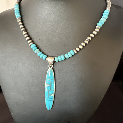 Blue Turquoise Pendant Navajo Pearls Sterling Silver Necklace 15425