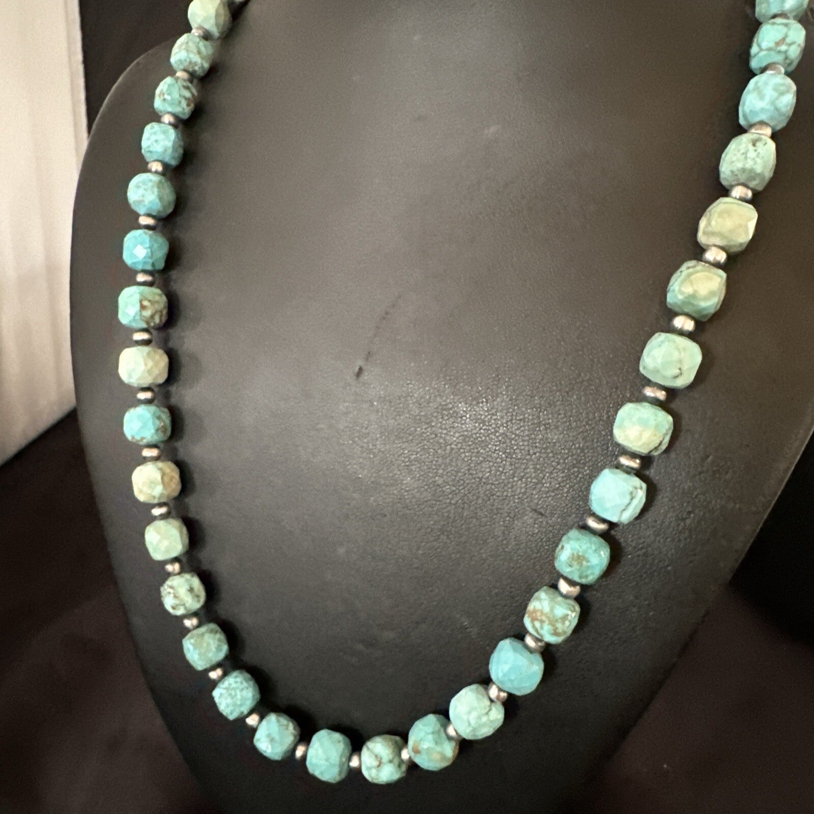 Faceted Blue Turquoise Navajo Sterling Silver Beads Necklace 21” 17727