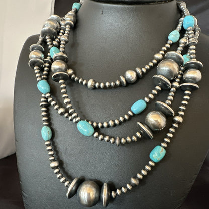 Native Navajo Sterling Silver Beads Blue Turquoise 72 in Necklace 19117