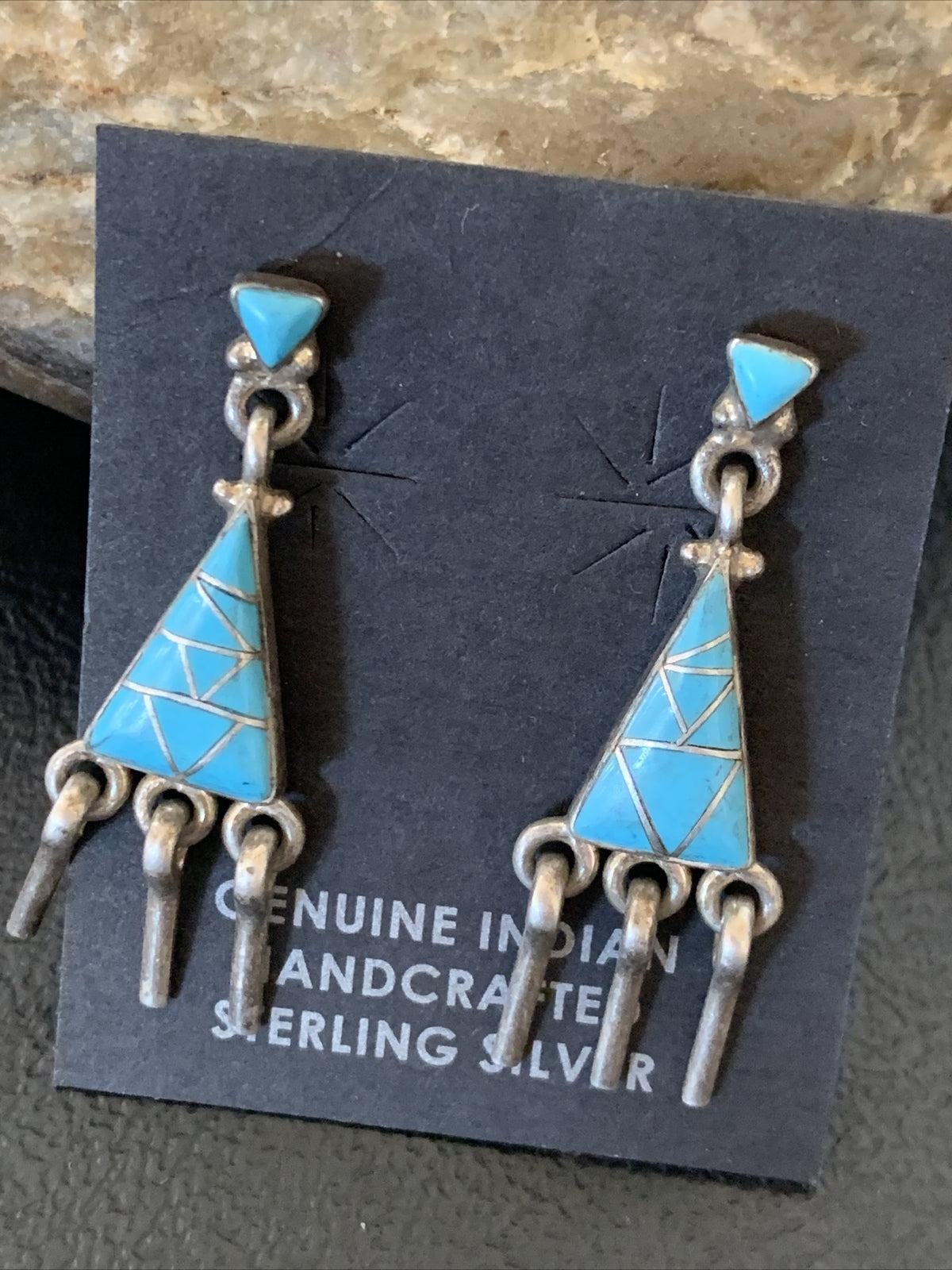 Blue Turquoise Inlay Zuni Sterling Silver Dangle Post Earrings 1.5" 12745