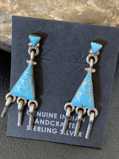 Blue Turquoise Inlay Zuni Sterling Silver Dangle Post Earrings 1.5" 12745