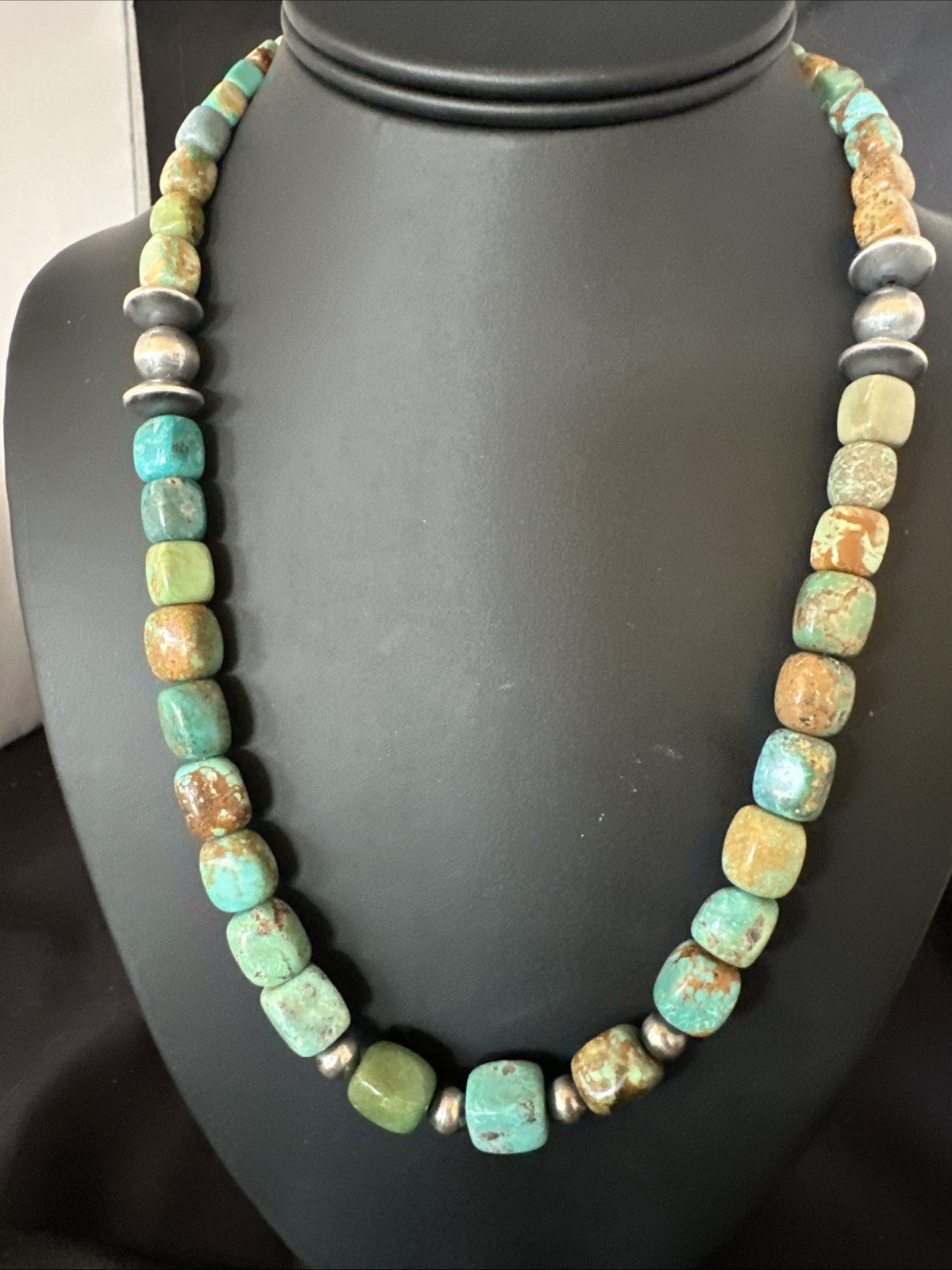 Cube Green Turquoise Navajo Graduated Sterling Silver Necklace 21” 19205