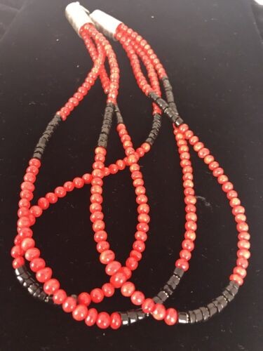 Navajo Coral Necklace Pendant Sterling Silver 20" 3 Strand 8006
