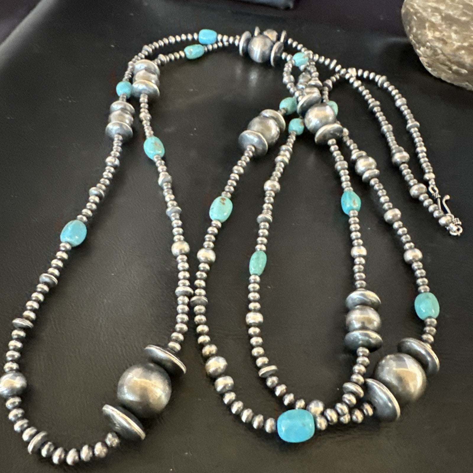 Native Navajo Sterling Silver Beads Blue Turquoise 72 in Necklace 19117