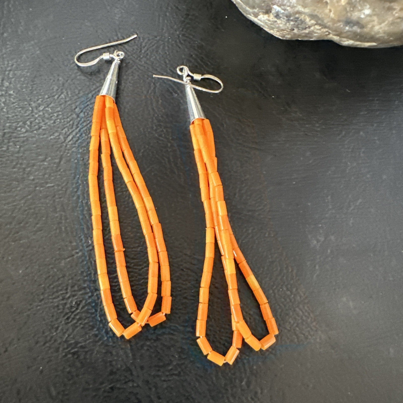 Orange Beads 2 Strands Heishi Liquid Sterling Silver Dangle Earrings 3” 19040