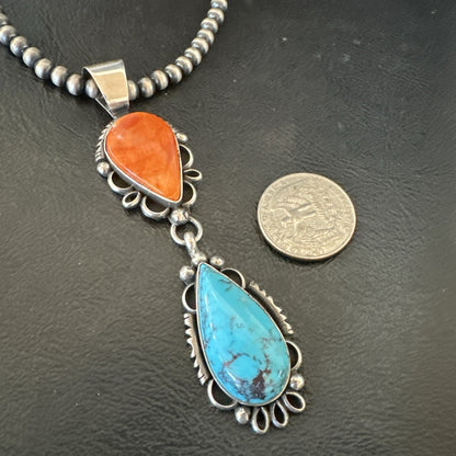 Multicolor Turquoise Spiny Navajo Sterling Silver Cluster Pendant Necklace 19558