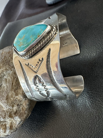 H Joe Blue Kingman Turquoise Navajo Sterling Silver Cuff Bracelet 8.2" 19422