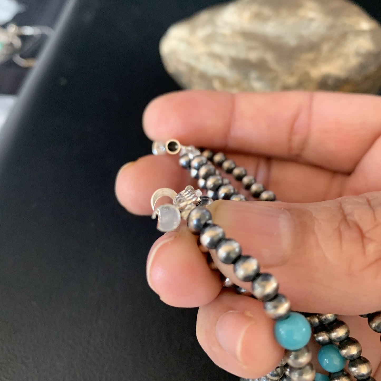 Native Navajo Sterling Silver Beads Blue Turquoise Bracelet 4 Strands 13587