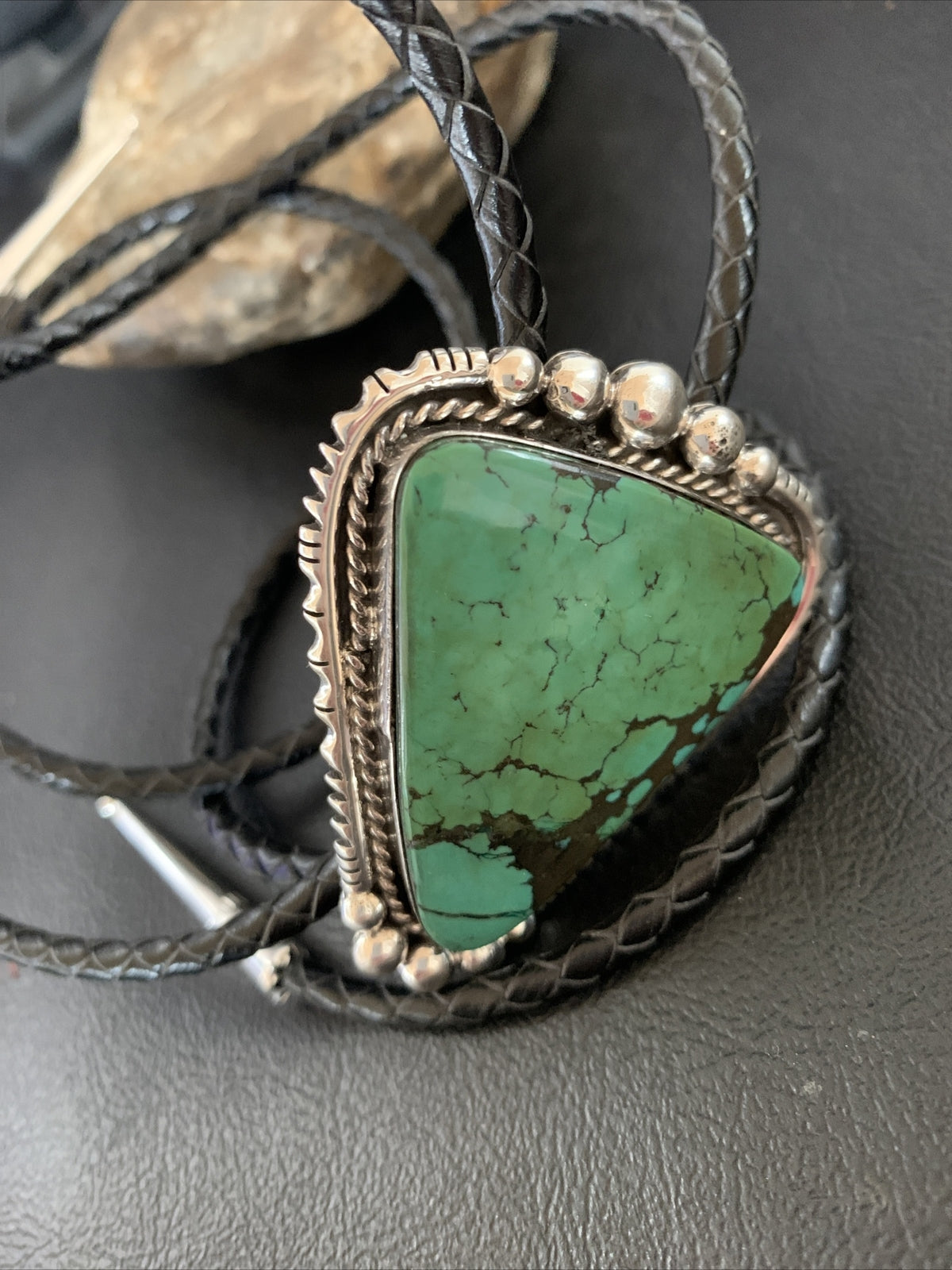 Native Mens Green Spider Web Turquoise Navajo Sterling Silver Bolo Tie 12904