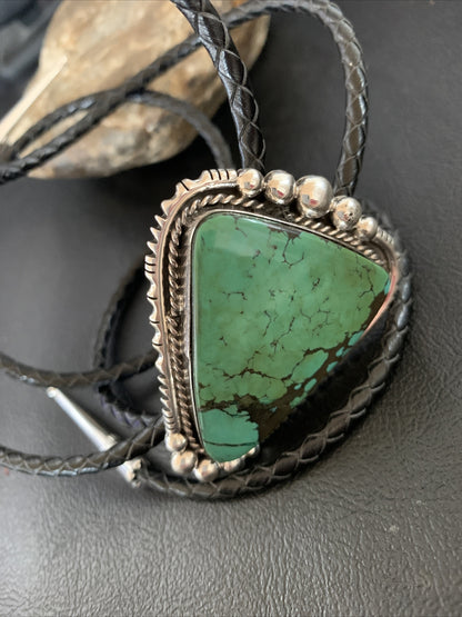 Native Mens Green Spider Web Turquoise Navajo Sterling Silver Bolo Tie 12904