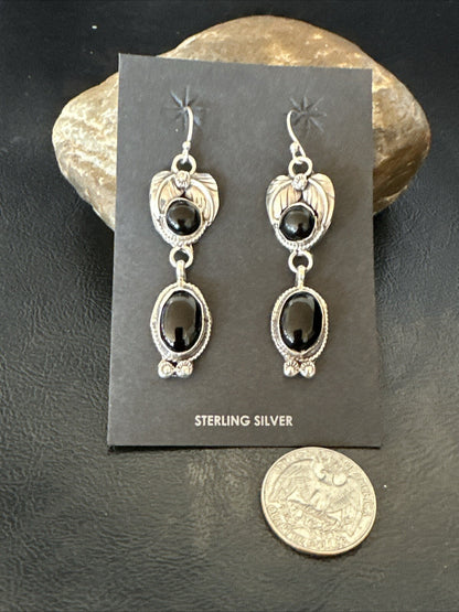 Black Onyx Navajo Sterling Silver Dangle Earrings 1.5" 18293