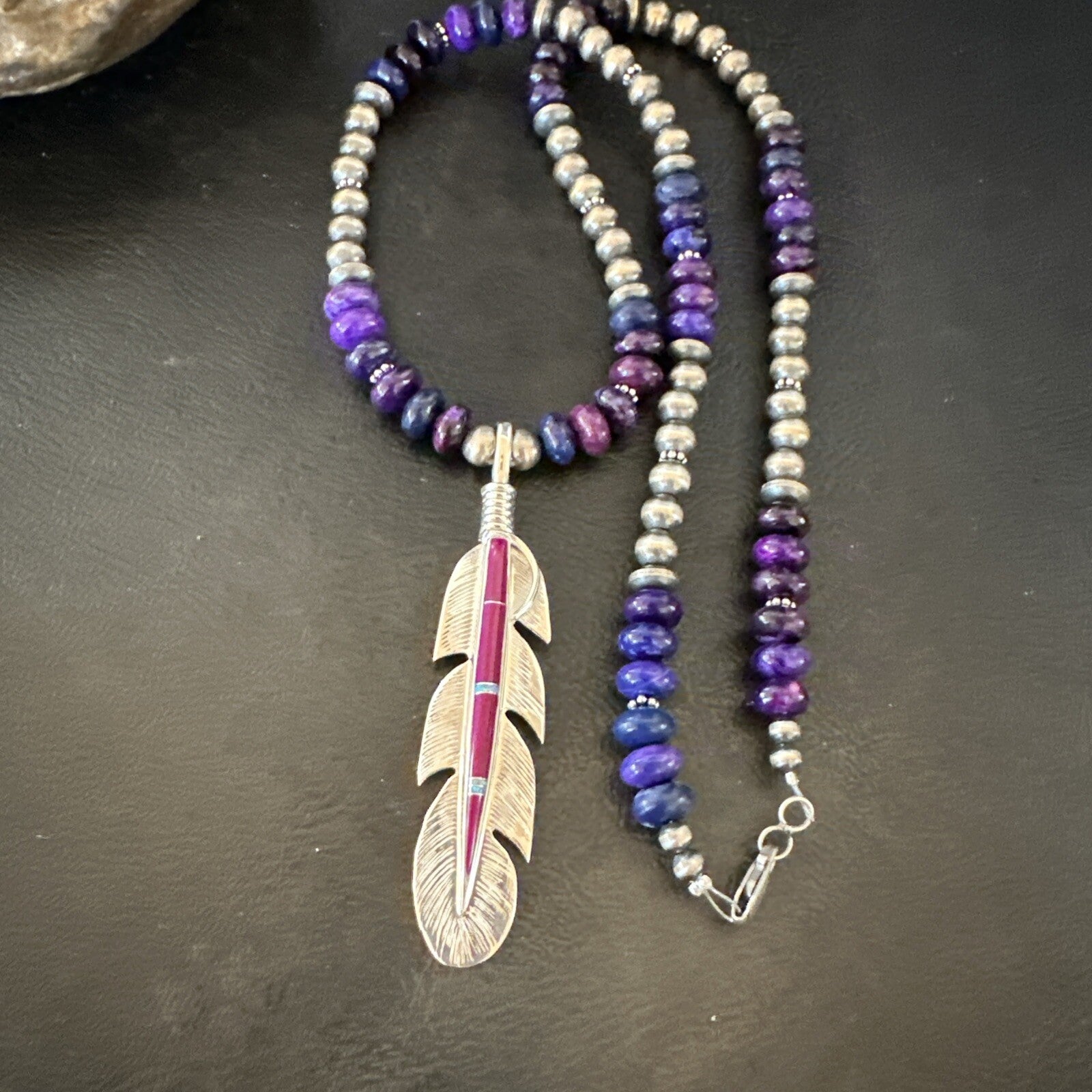 Feather Purple Stone Opal Pendant Sterling Silver Necklace 21” 18671